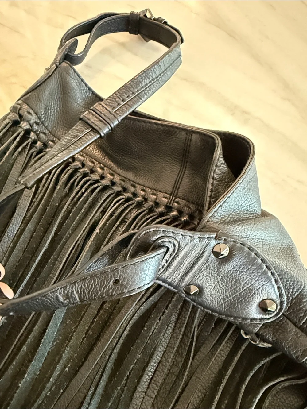 orYANY Black Leather Fringe Hobo Tote Bag Large 15